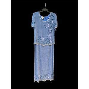 Laurence Kazar silk beaded long formal periwinkle blue purple floral 14W new